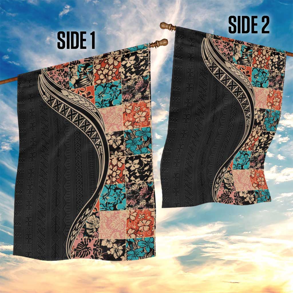 Hawaiian Hibiscus and Tropical Leaves Garden Flag Patchwork Grunge Abstract and Tapa Tribal Pattern Half Style LT03 - Polynesian Pride