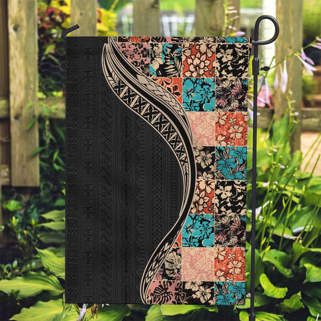 Hawaiian Hibiscus and Tropical Leaves Garden Flag Patchwork Grunge Abstract and Tapa Tribal Pattern Half Style LT03 Garden Flag Black - Polynesian Pride