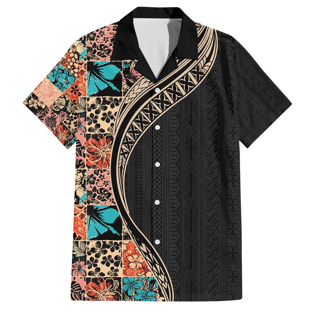 Hawaiian Hibiscus and Tropical Leaves Hawaiian Shirt Patchwork Grunge Abstract and Tapa Tribal Pattern Half Style LT03 Black - Polynesian Pride
