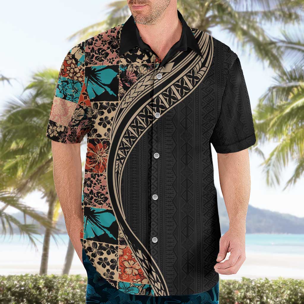 Hawaiian Hibiscus and Tropical Leaves Hawaiian Shirt Patchwork Grunge Abstract and Tapa Tribal Pattern Half Style LT03 - Polynesian Pride