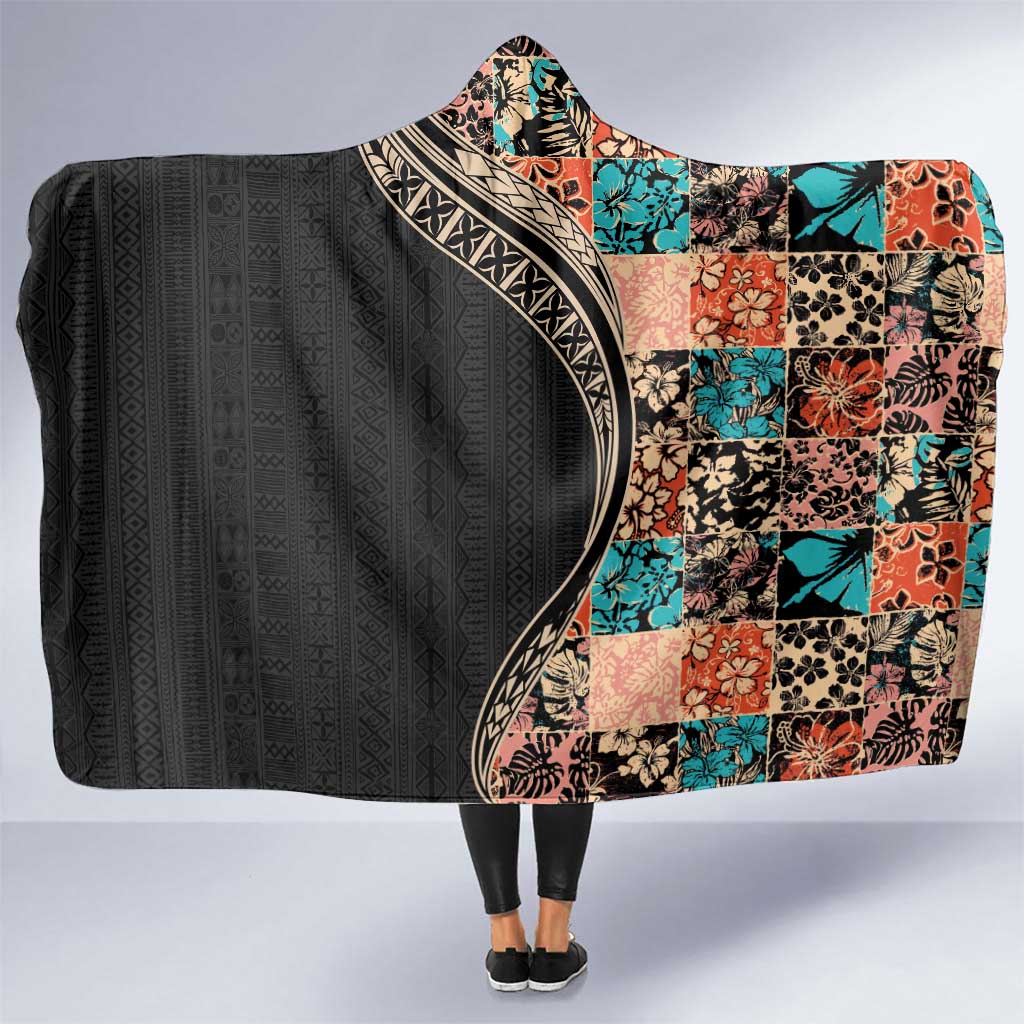 Hawaiian Hibiscus and Tropical Leaves Hooded Blanket Patchwork Grunge Abstract and Tapa Tribal Pattern Half Style LT03 One Size Black - Polynesian Pride