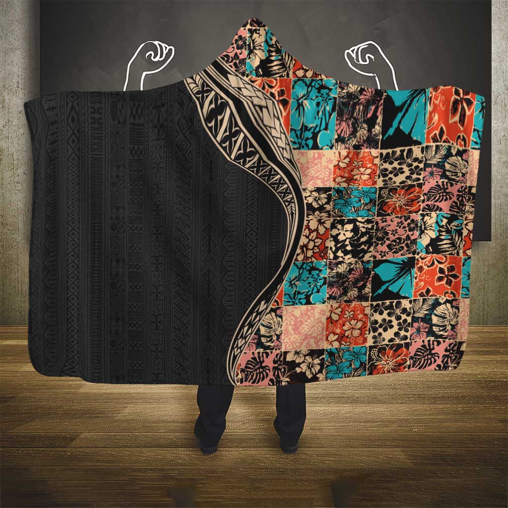 Hawaiian Hibiscus and Tropical Leaves Hooded Blanket Patchwork Grunge Abstract and Tapa Tribal Pattern Half Style LT03 - Polynesian Pride