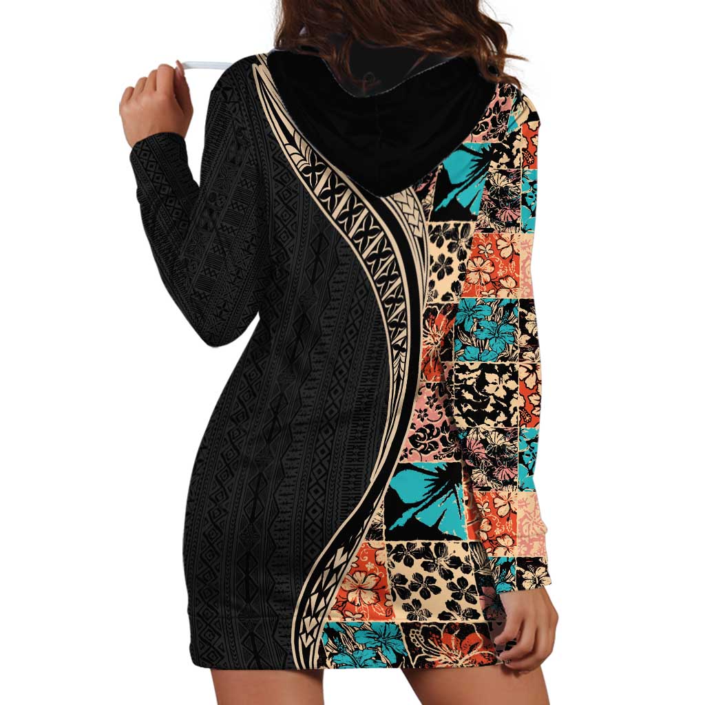 Hawaiian Hibiscus and Tropical Leaves Hoodie Dress Patchwork Grunge Abstract and Tapa Tribal Pattern Half Style LT03 - Polynesian Pride