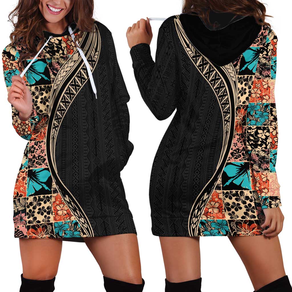 Hawaiian Hibiscus and Tropical Leaves Hoodie Dress Patchwork Grunge Abstract and Tapa Tribal Pattern Half Style LT03 - Polynesian Pride