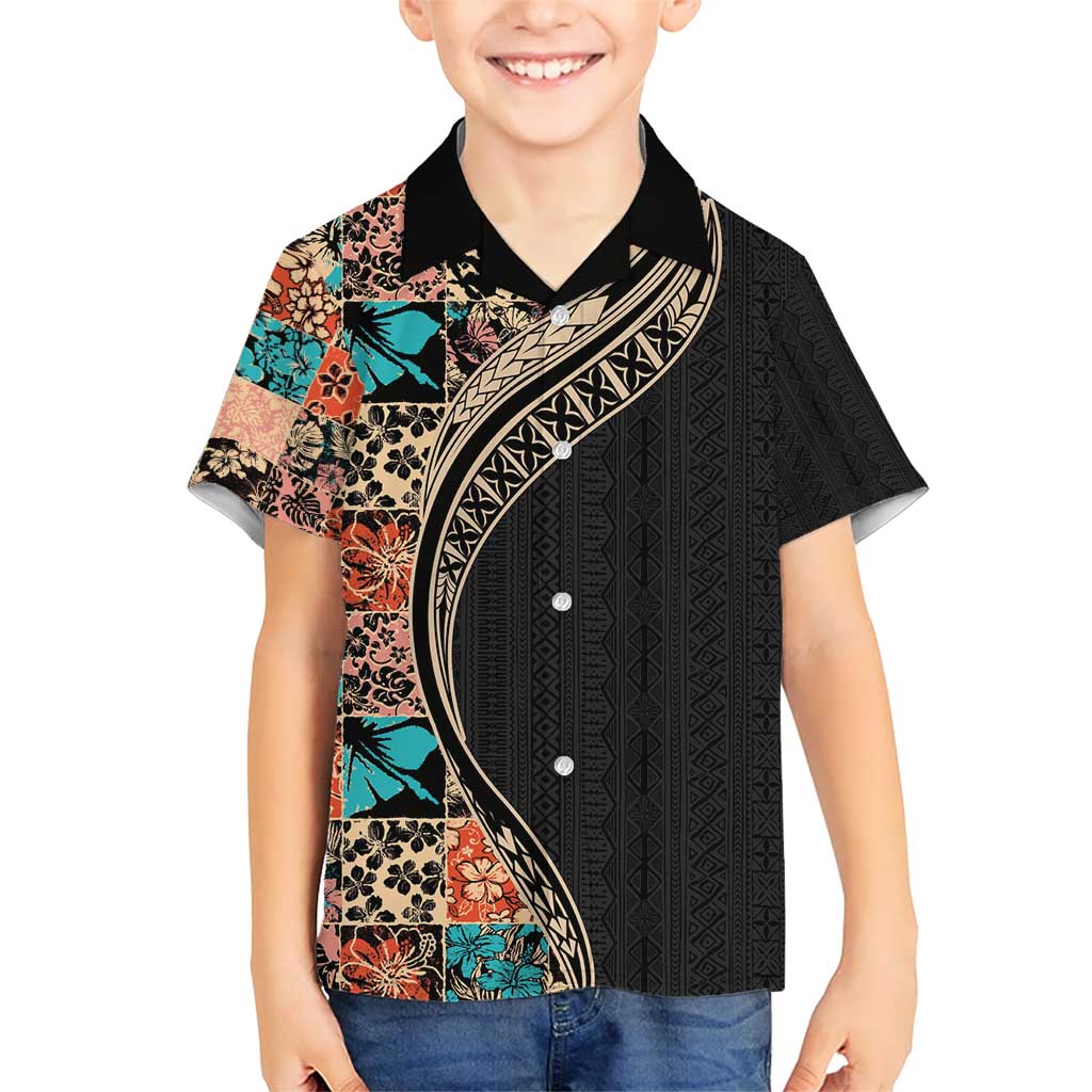 Hawaiian Hibiscus and Tropical Leaves Kid Hawaiian Shirt Patchwork Grunge Abstract and Tapa Tribal Pattern Half Style