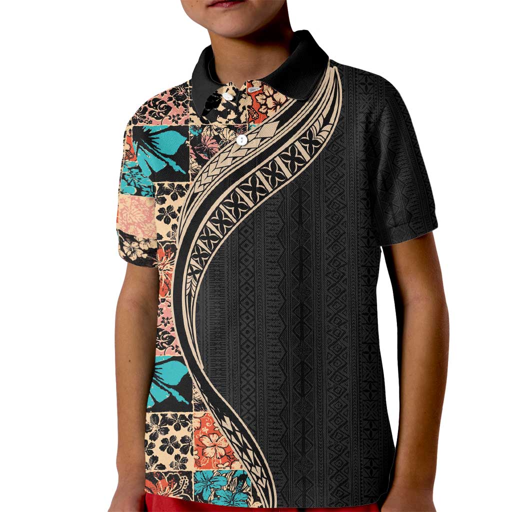 Hawaiian Hibiscus and Tropical Leaves Kid Polo Shirt Patchwork Grunge Abstract and Tapa Tribal Pattern Half Style