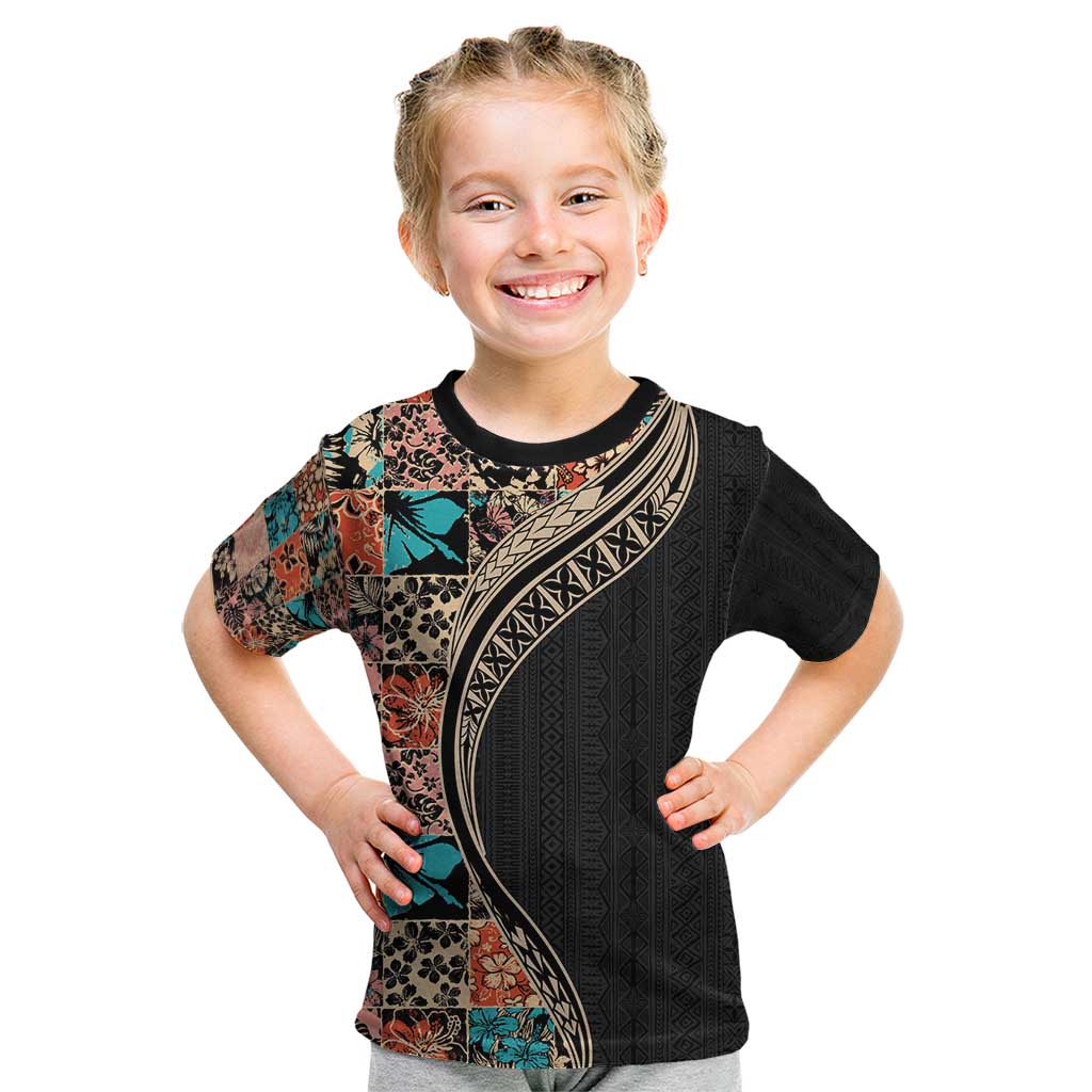 Hawaiian Hibiscus and Tropical Leaves Kid T Shirt Patchwork Grunge Abstract and Tapa Tribal Pattern Half Style