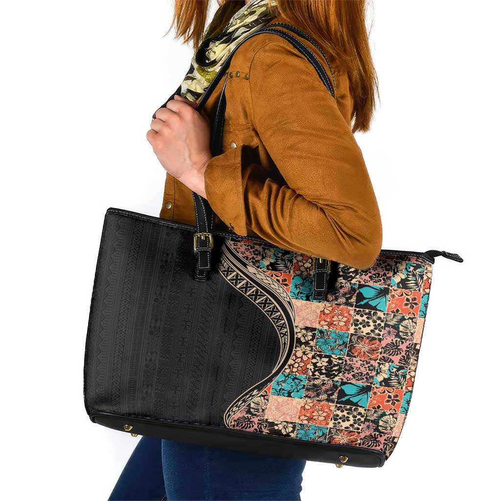 Hawaiian Hibiscus and Tropical Leaves Leather Tote Bag Patchwork Grunge Abstract and Tapa Tribal Pattern Half Style LT03 Black - Polynesian Pride