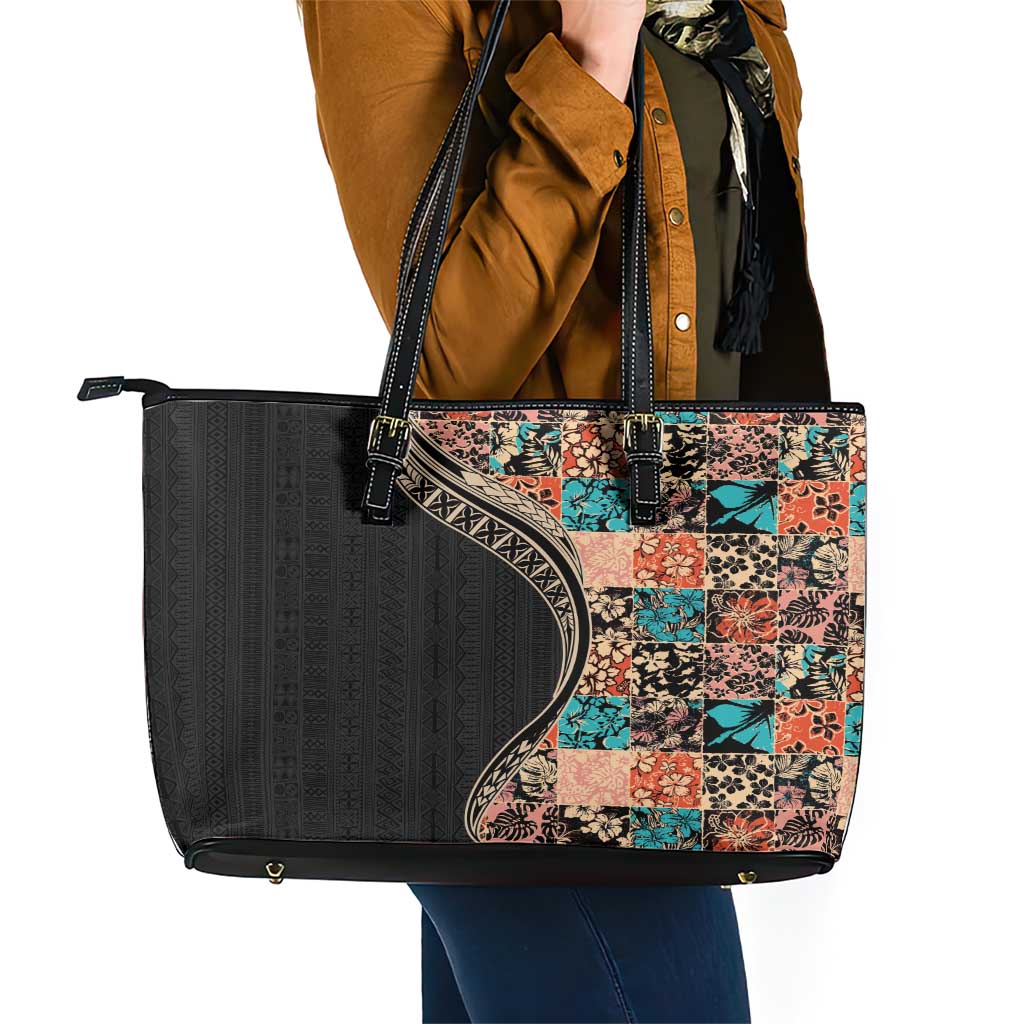 Hawaiian Hibiscus and Tropical Leaves Leather Tote Bag Patchwork Grunge Abstract and Tapa Tribal Pattern Half Style LT03 - Polynesian Pride