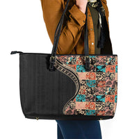 Hawaiian Hibiscus and Tropical Leaves Leather Tote Bag Patchwork Grunge Abstract and Tapa Tribal Pattern Half Style LT03 - Polynesian Pride