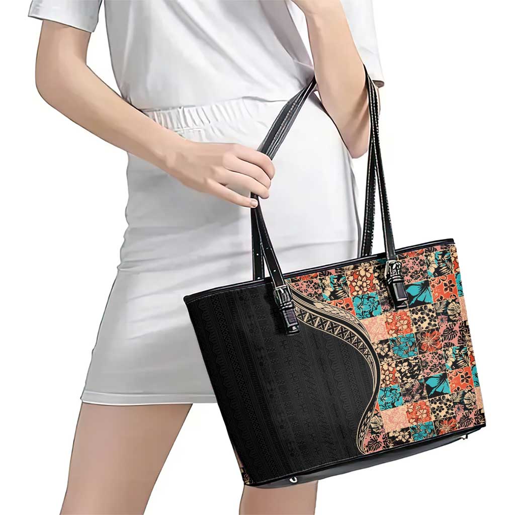 Hawaiian Hibiscus and Tropical Leaves Leather Tote Bag Patchwork Grunge Abstract and Tapa Tribal Pattern Half Style LT03 - Polynesian Pride