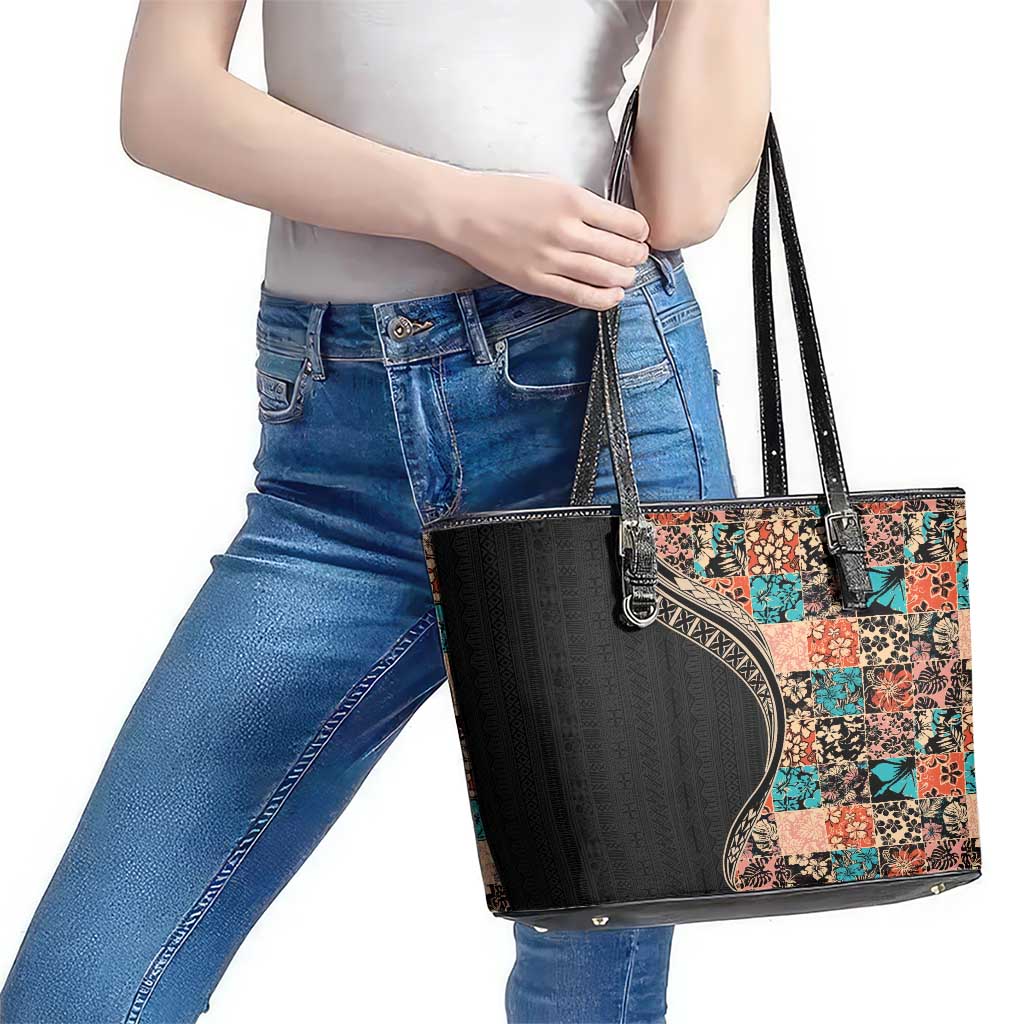 Hawaiian Hibiscus and Tropical Leaves Leather Tote Bag Patchwork Grunge Abstract and Tapa Tribal Pattern Half Style LT03 - Polynesian Pride