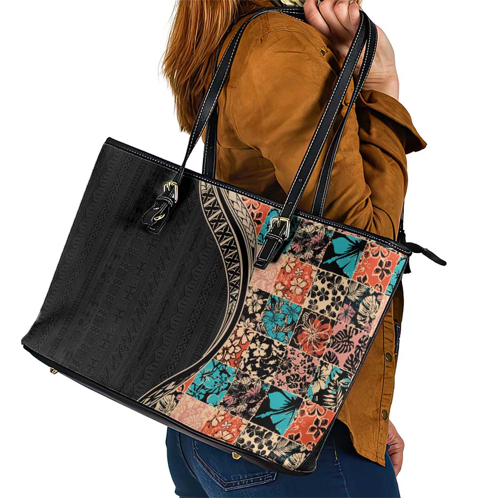 Hawaiian Hibiscus and Tropical Leaves Leather Tote Bag Patchwork Grunge Abstract and Tapa Tribal Pattern Half Style LT03 - Polynesian Pride