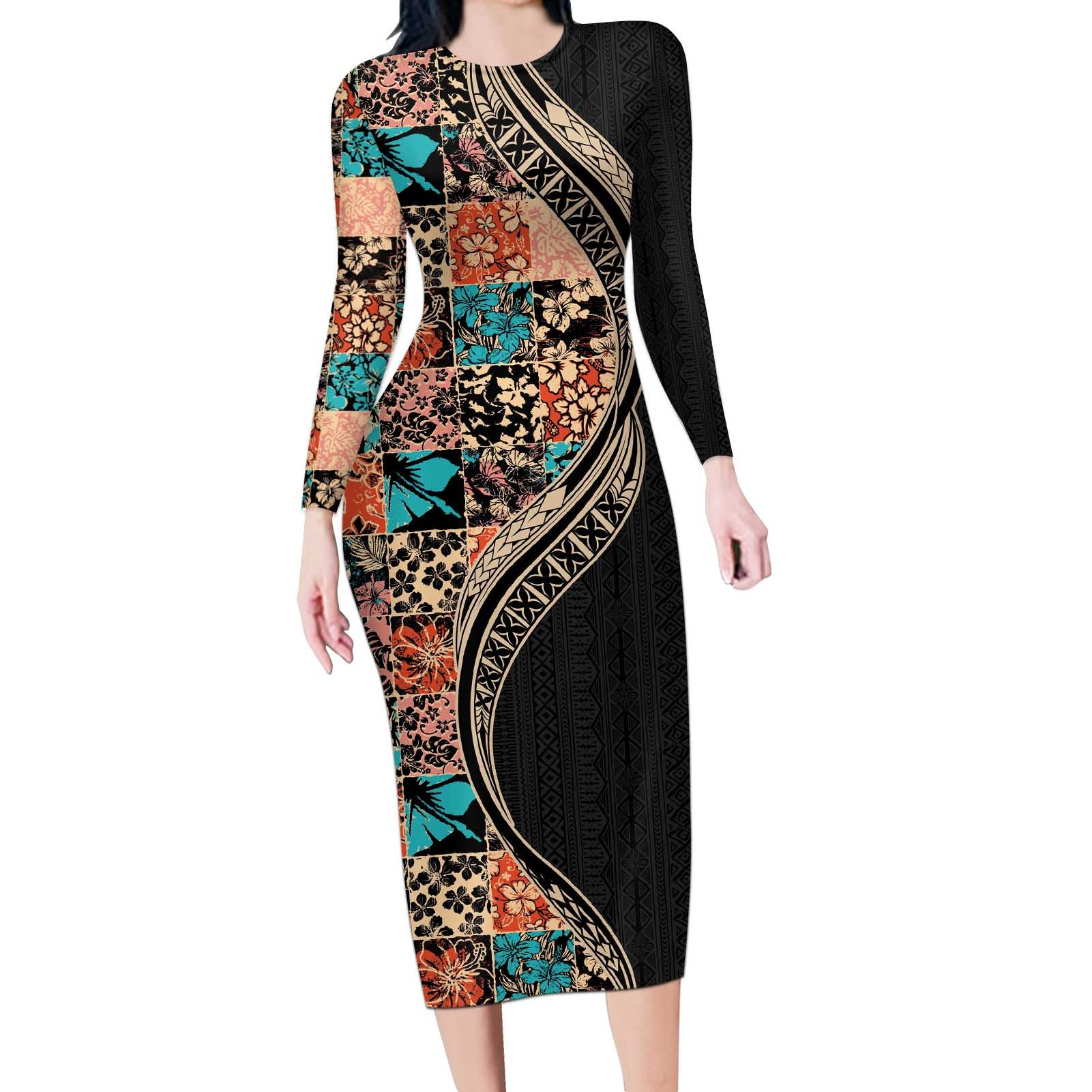 Hawaiian Hibiscus and Tropical Leaves Long Sleeve Bodycon Dress Patchwork Grunge Abstract and Tapa Tribal Pattern Half Style