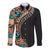 Hawaiian Hibiscus and Tropical Leaves Long Sleeve Button Shirt Patchwork Grunge Abstract and Tapa Tribal Pattern Half Style