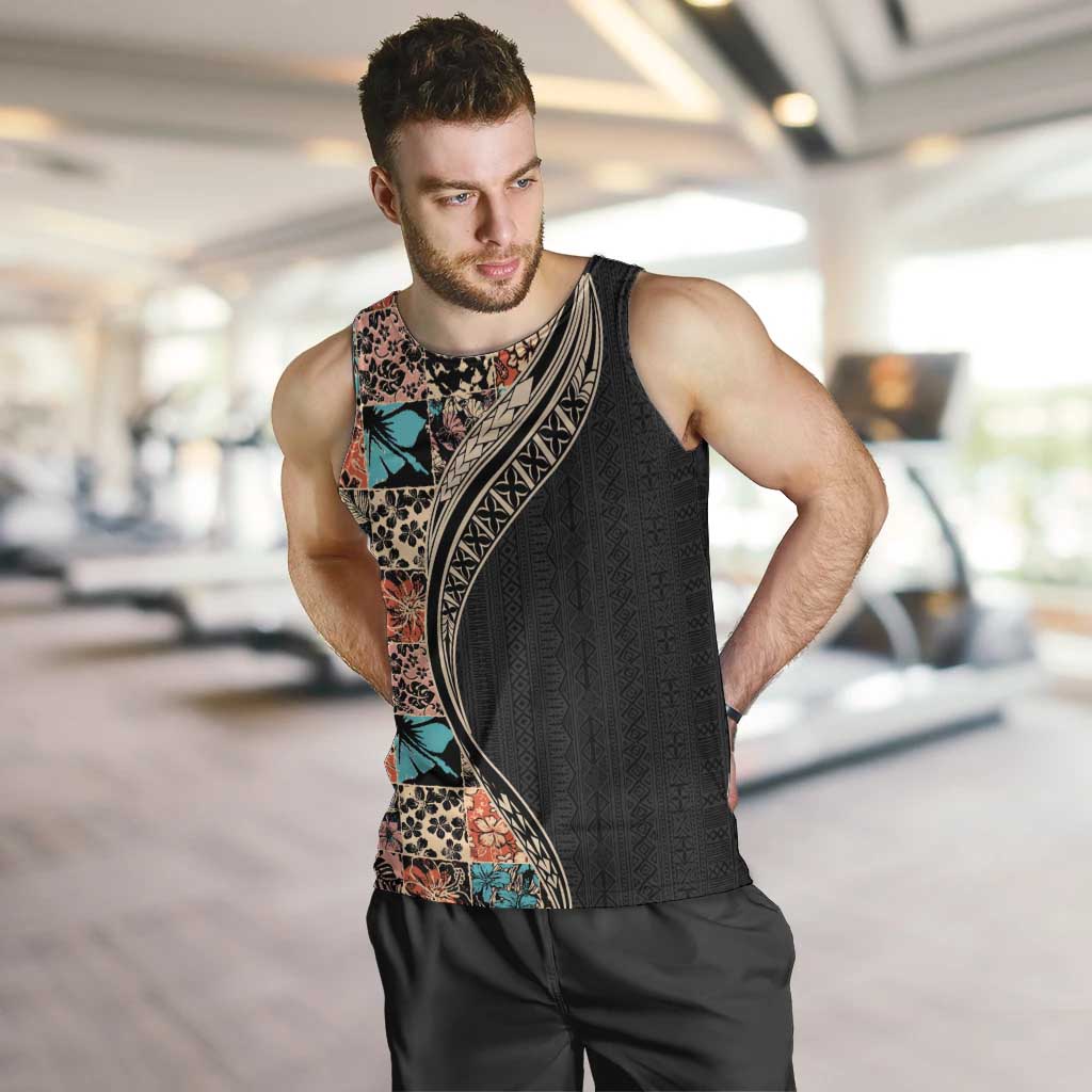 Hawaiian Hibiscus and Tropical Leaves Men Tank Top Patchwork Grunge Abstract and Tapa Tribal Pattern Half Style