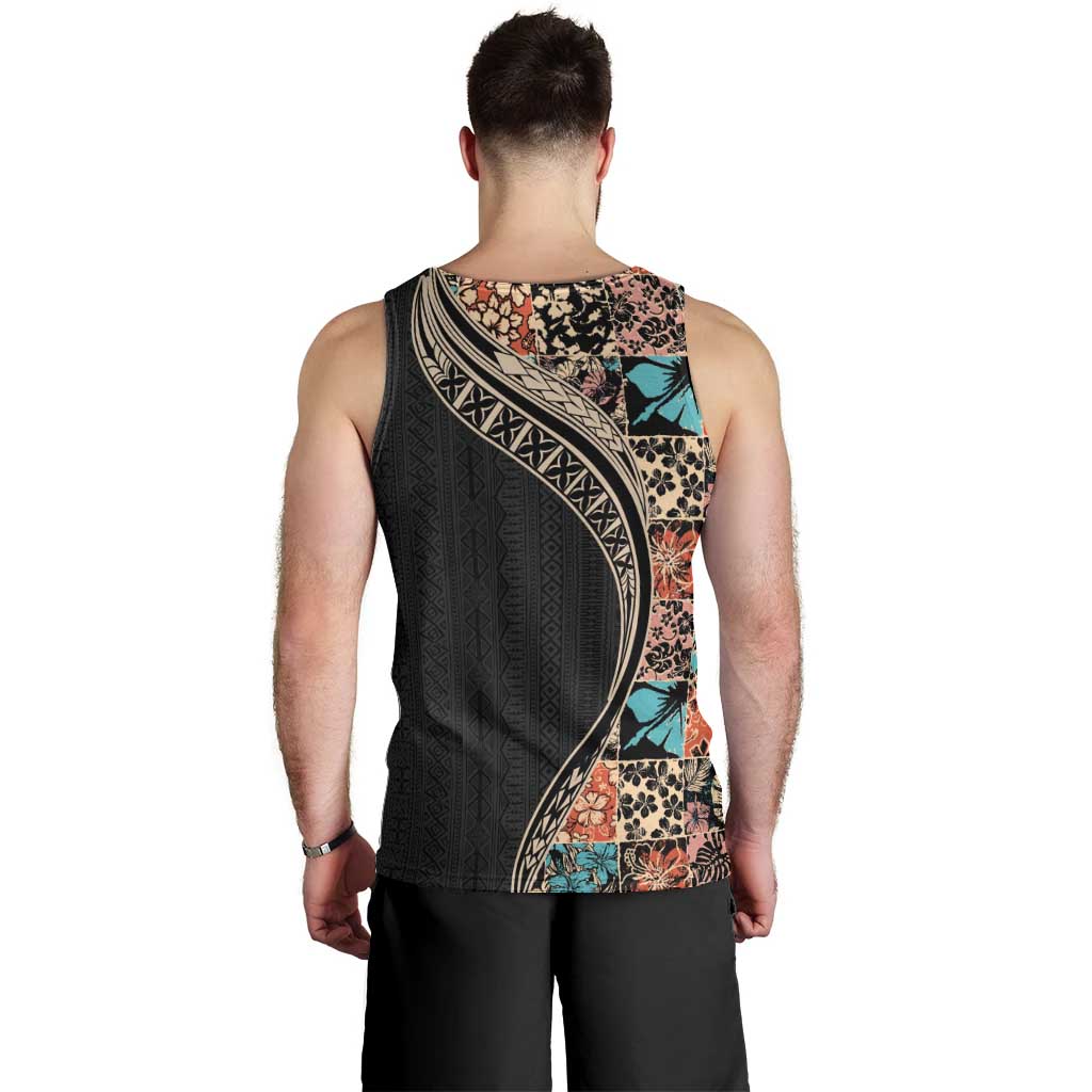 Hawaiian Hibiscus and Tropical Leaves Men Tank Top Patchwork Grunge Abstract and Tapa Tribal Pattern Half Style LT03 - Polynesian Pride