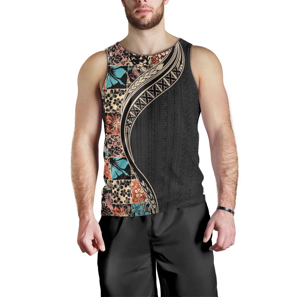 Hawaiian Hibiscus and Tropical Leaves Men Tank Top Patchwork Grunge Abstract and Tapa Tribal Pattern Half Style LT03 - Polynesian Pride