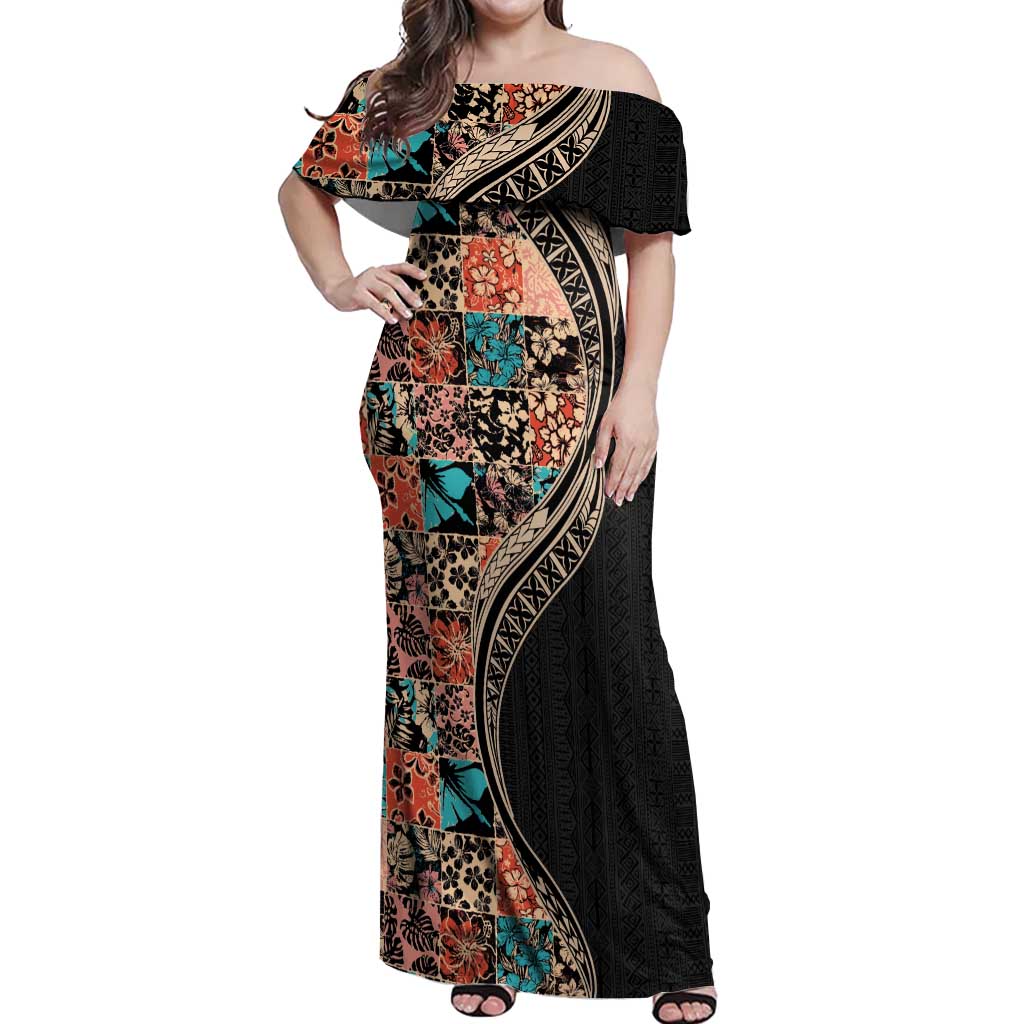 Hawaiian Hibiscus and Tropical Leaves Off Shoulder Maxi Dress Patchwork Grunge Abstract and Tapa Tribal Pattern Half Style LT03 Women Black - Polynesian Pride