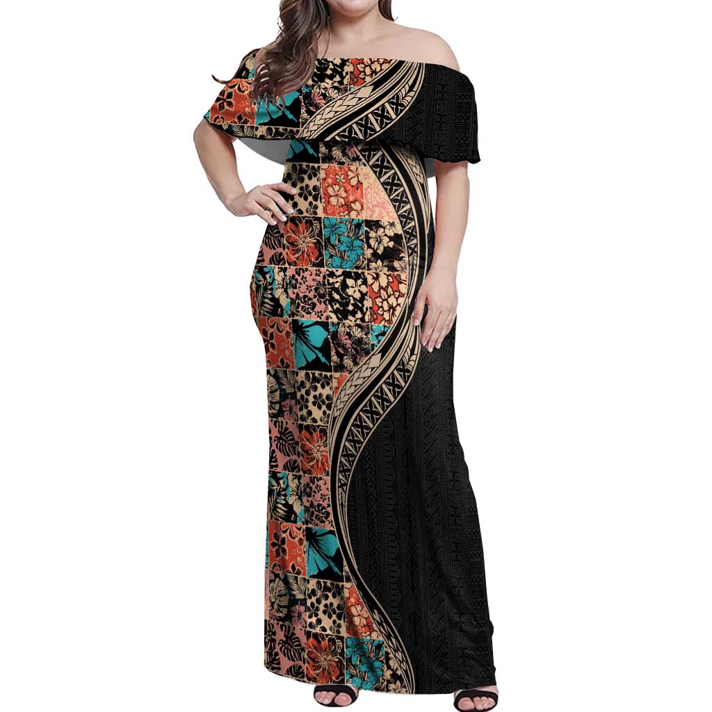 Hawaiian Hibiscus and Tropical Leaves Off Shoulder Maxi Dress Patchwork Grunge Abstract and Tapa Tribal Pattern Half Style