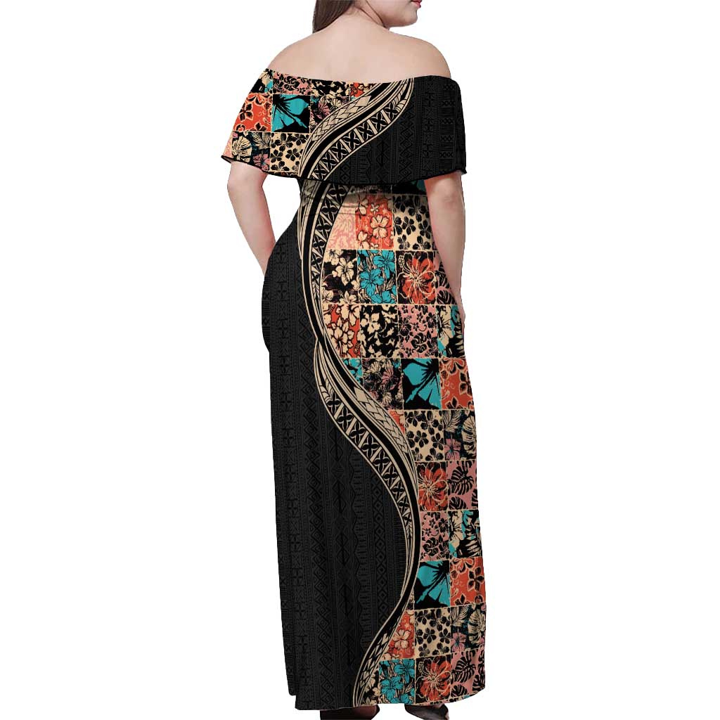 Hawaiian Hibiscus and Tropical Leaves Off Shoulder Maxi Dress Patchwork Grunge Abstract and Tapa Tribal Pattern Half Style LT03 - Polynesian Pride