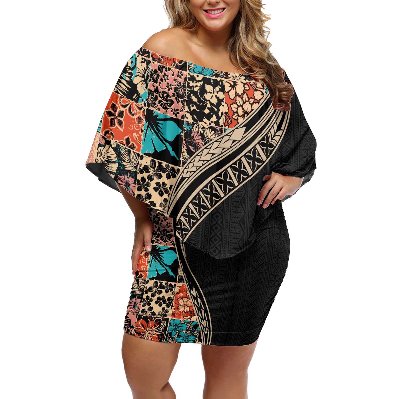 Hawaiian Hibiscus and Tropical Leaves Off Shoulder Short Dress Patchwork Grunge Abstract and Tapa Tribal Pattern Half Style LT03 Women Black - Polynesian Pride