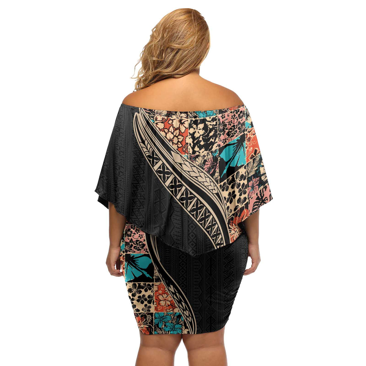 Hawaiian Hibiscus and Tropical Leaves Off Shoulder Short Dress Patchwork Grunge Abstract and Tapa Tribal Pattern Half Style LT03 - Polynesian Pride