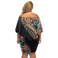Hawaiian Hibiscus and Tropical Leaves Off Shoulder Short Dress Patchwork Grunge Abstract and Tapa Tribal Pattern Half Style LT03 - Polynesian Pride