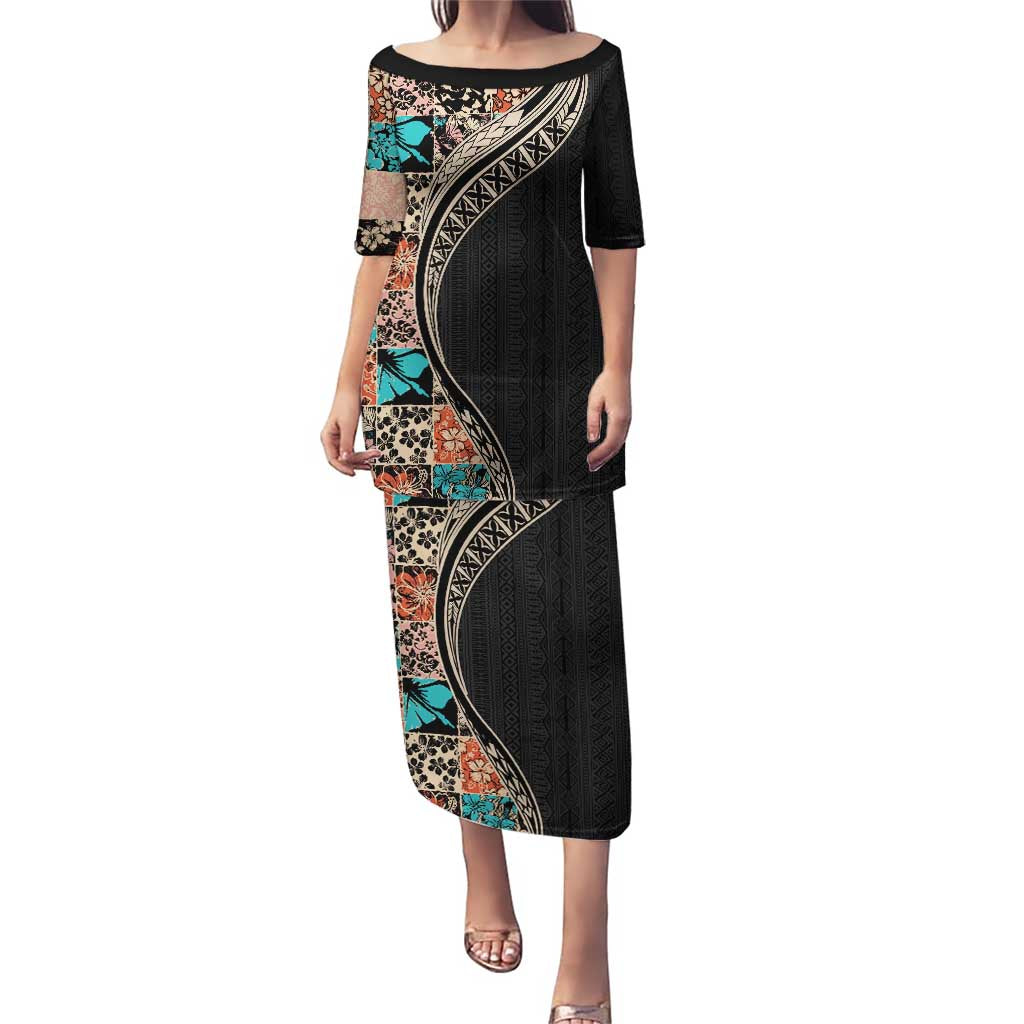 Hawaiian Hibiscus and Tropical Leaves Puletasi Patchwork Grunge Abstract and Tapa Tribal Pattern Half Style LT03 Long Dress Black - Polynesian Pride