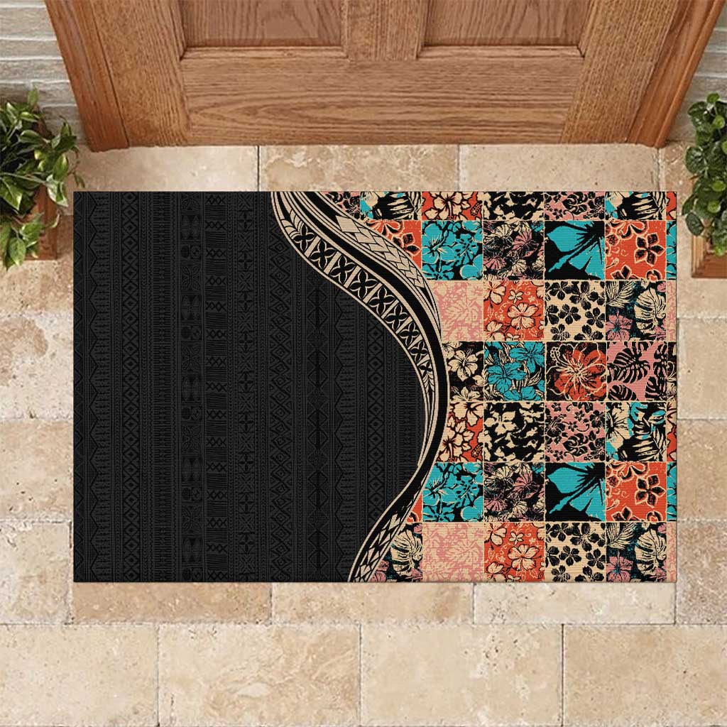 Hawaiian Hibiscus and Tropical Leaves Rubber Doormat Patchwork Grunge Abstract and Tapa Tribal Pattern Half Style LT03 Black - Polynesian Pride