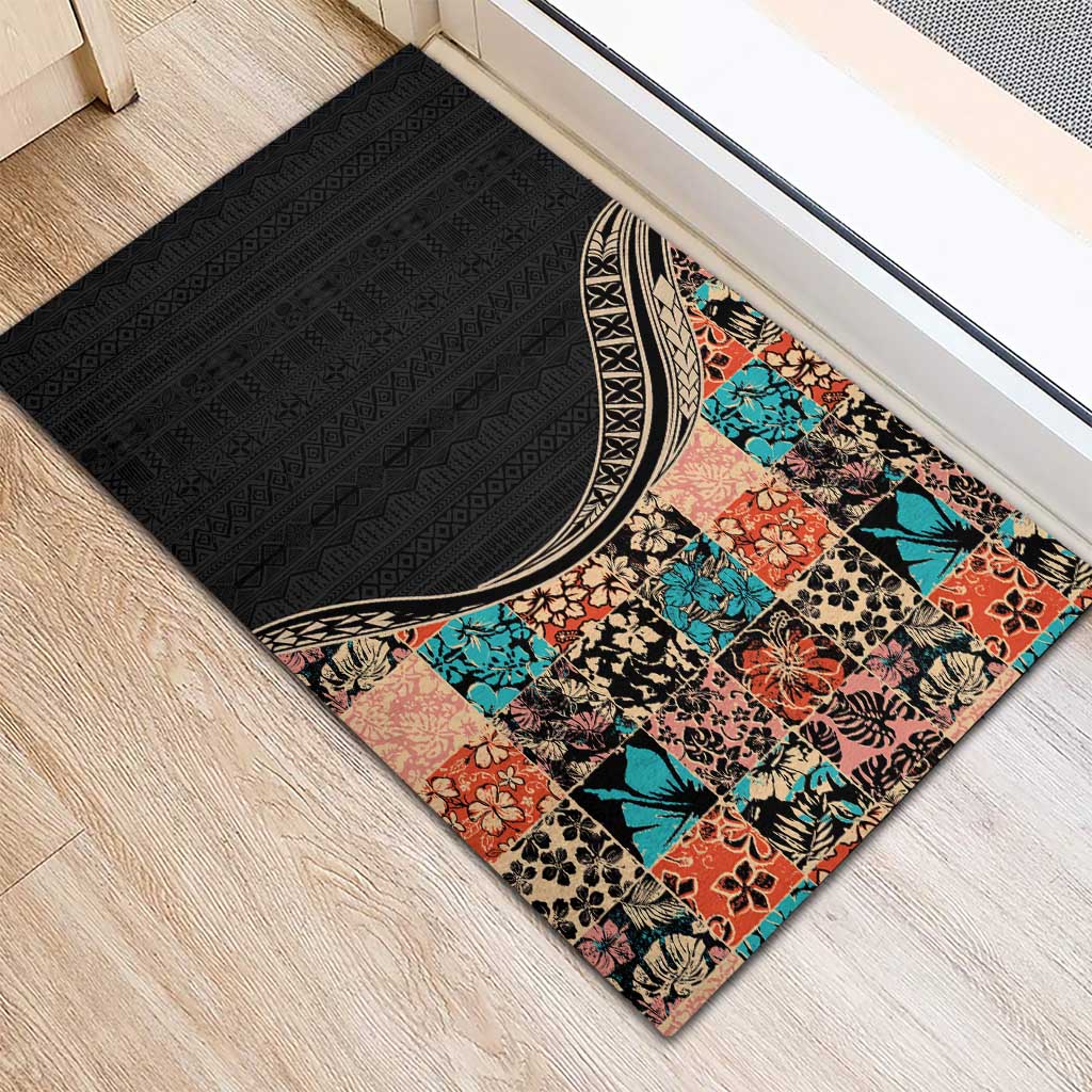 Hawaiian Hibiscus and Tropical Leaves Rubber Doormat Patchwork Grunge Abstract and Tapa Tribal Pattern Half Style LT03 - Polynesian Pride