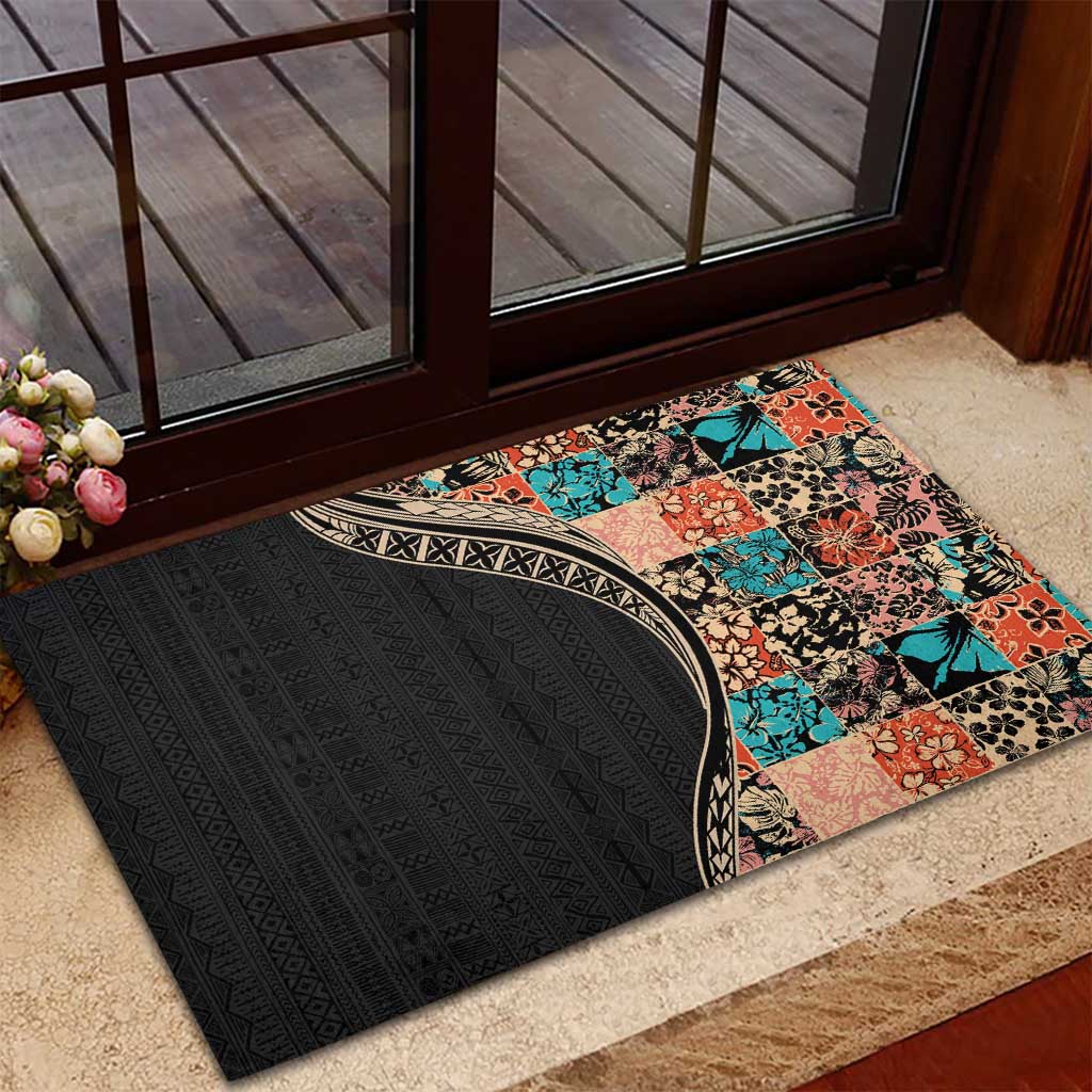 Hawaiian Hibiscus and Tropical Leaves Rubber Doormat Patchwork Grunge Abstract and Tapa Tribal Pattern Half Style LT03 - Polynesian Pride