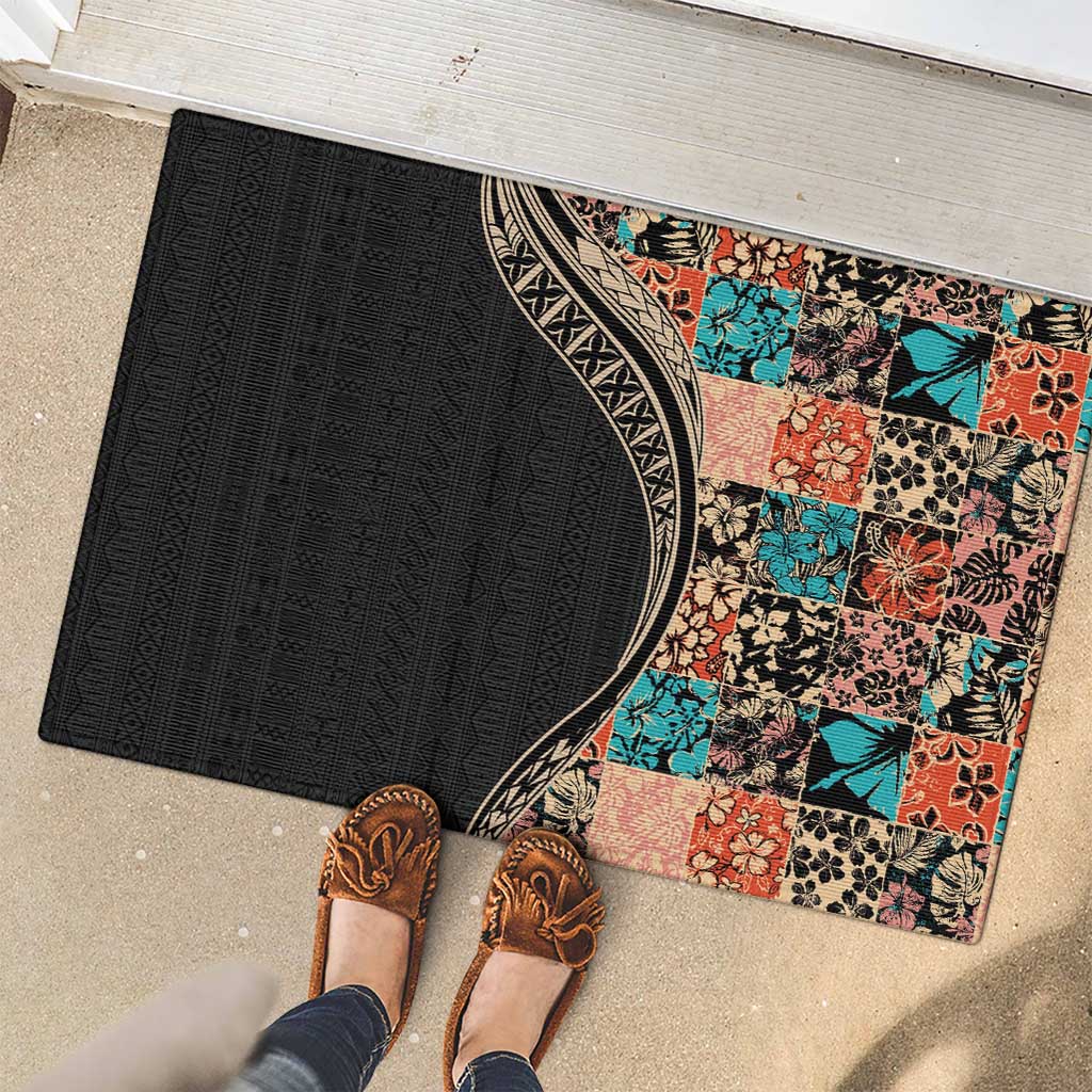 Hawaiian Hibiscus and Tropical Leaves Rubber Doormat Patchwork Grunge Abstract and Tapa Tribal Pattern Half Style LT03 - Polynesian Pride
