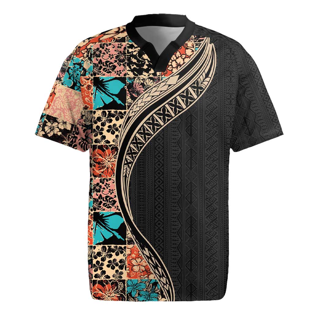 Hawaiian Hibiscus and Tropical Leaves Rugby Jersey Patchwork Grunge Abstract and Tapa Tribal Pattern Half Style LT03 Black - Polynesian Pride