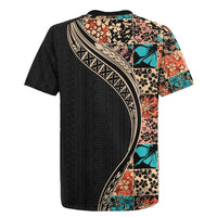 Hawaiian Hibiscus and Tropical Leaves Rugby Jersey Patchwork Grunge Abstract and Tapa Tribal Pattern Half Style LT03 - Polynesian Pride