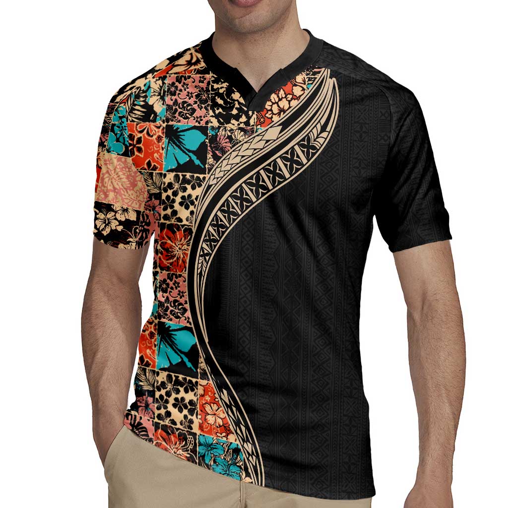 Hawaiian Hibiscus and Tropical Leaves Rugby Jersey Patchwork Grunge Abstract and Tapa Tribal Pattern Half Style LT03 - Polynesian Pride