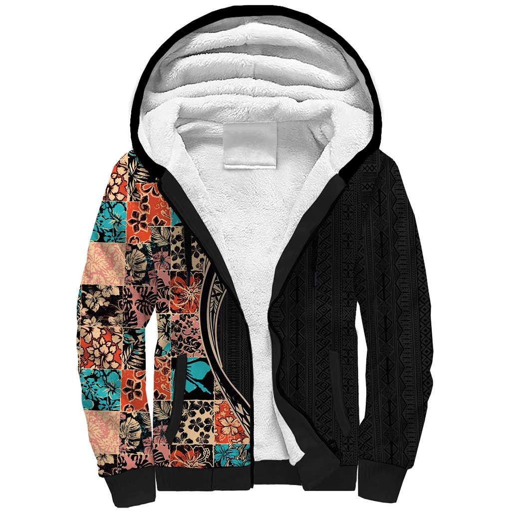 Hawaiian Hibiscus and Tropical Leaves Sherpa Hoodie Patchwork Grunge Abstract and Tapa Tribal Pattern Half Style LT03 Unisex Black - Polynesian Pride