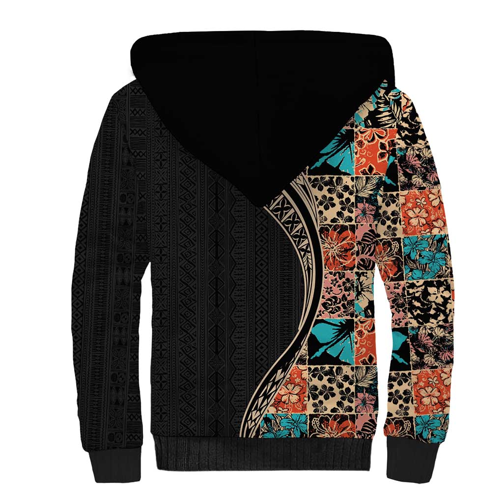 Hawaiian Hibiscus and Tropical Leaves Sherpa Hoodie Patchwork Grunge Abstract and Tapa Tribal Pattern Half Style LT03 - Polynesian Pride