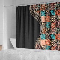 Hawaiian Hibiscus and Tropical Leaves Shower Curtain Patchwork Grunge Abstract and Tapa Tribal Pattern Half Style