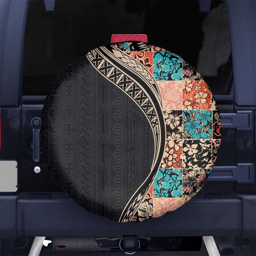 Hawaiian Hibiscus and Tropical Leaves Spare Tire Cover Patchwork Grunge Abstract and Tapa Tribal Pattern Half Style LT03 - Polynesian Pride