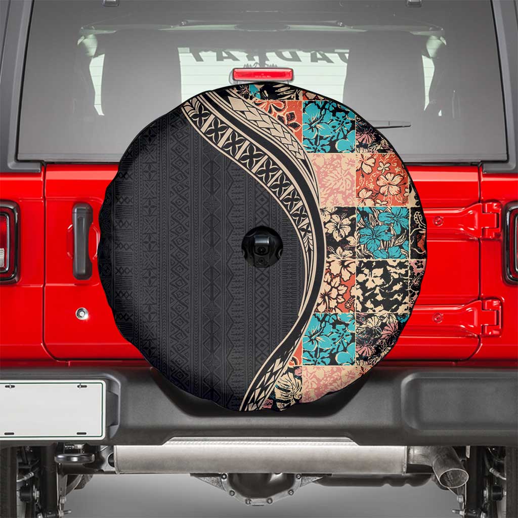 Hawaiian Hibiscus and Tropical Leaves Spare Tire Cover Patchwork Grunge Abstract and Tapa Tribal Pattern Half Style LT03 - Polynesian Pride