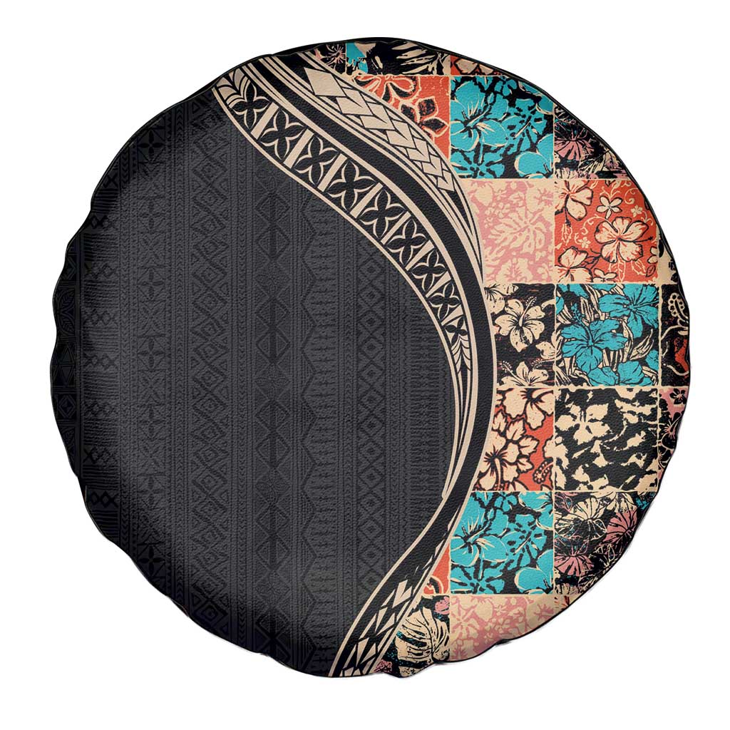 Hawaiian Hibiscus and Tropical Leaves Spare Tire Cover Patchwork Grunge Abstract and Tapa Tribal Pattern Half Style LT03 - Polynesian Pride