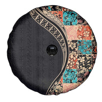 Hawaiian Hibiscus and Tropical Leaves Spare Tire Cover Patchwork Grunge Abstract and Tapa Tribal Pattern Half Style LT03 - Polynesian Pride