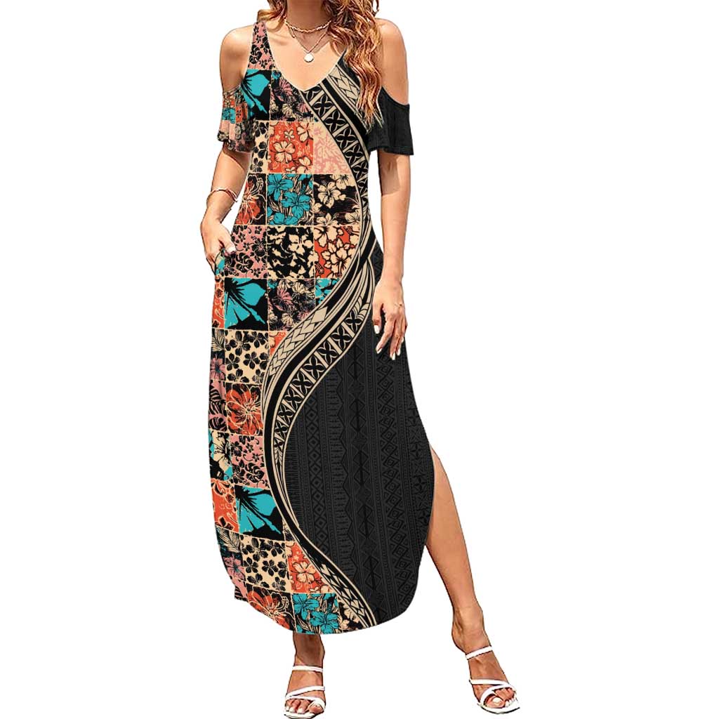 Hawaiian Hibiscus and Tropical Leaves Summer Maxi Dress Patchwork Grunge Abstract and Tapa Tribal Pattern Half Style LT03 Women Black - Polynesian Pride