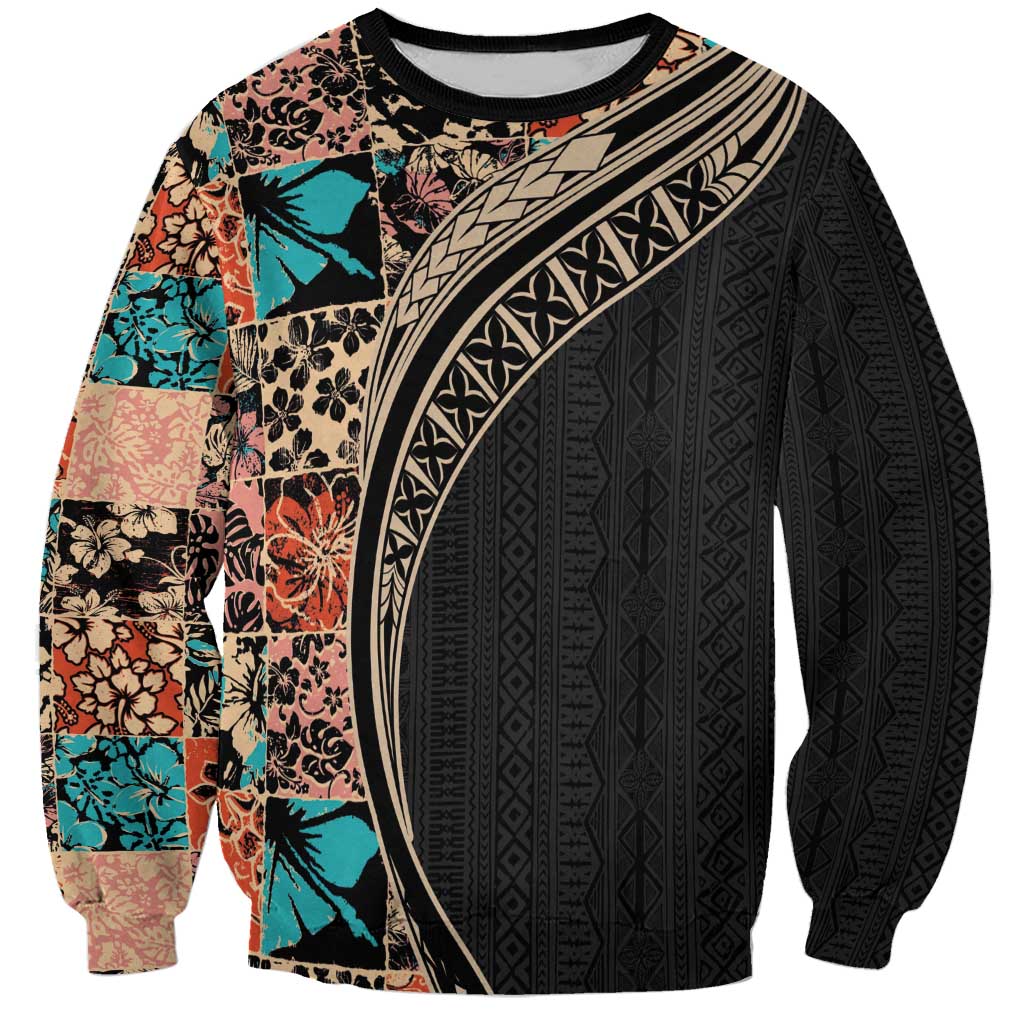 Hawaiian Hibiscus and Tropical Leaves Sweatshirt Patchwork Grunge Abstract and Tapa Tribal Pattern Half Style LT03 Unisex Black - Polynesian Pride