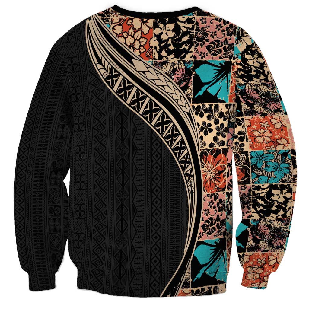 Hawaiian Hibiscus and Tropical Leaves Sweatshirt Patchwork Grunge Abstract and Tapa Tribal Pattern Half Style LT03 - Polynesian Pride