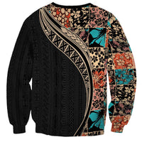 Hawaiian Hibiscus and Tropical Leaves Sweatshirt Patchwork Grunge Abstract and Tapa Tribal Pattern Half Style LT03 - Polynesian Pride