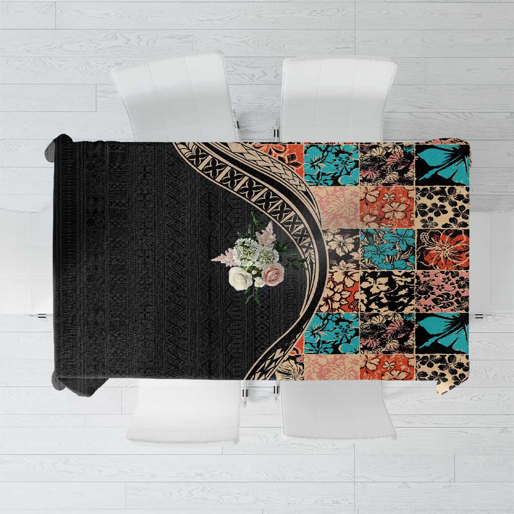 Hawaiian Hibiscus and Tropical Leaves Tablecloth Patchwork Grunge Abstract and Tapa Tribal Pattern Half Style LT03 Black - Polynesian Pride