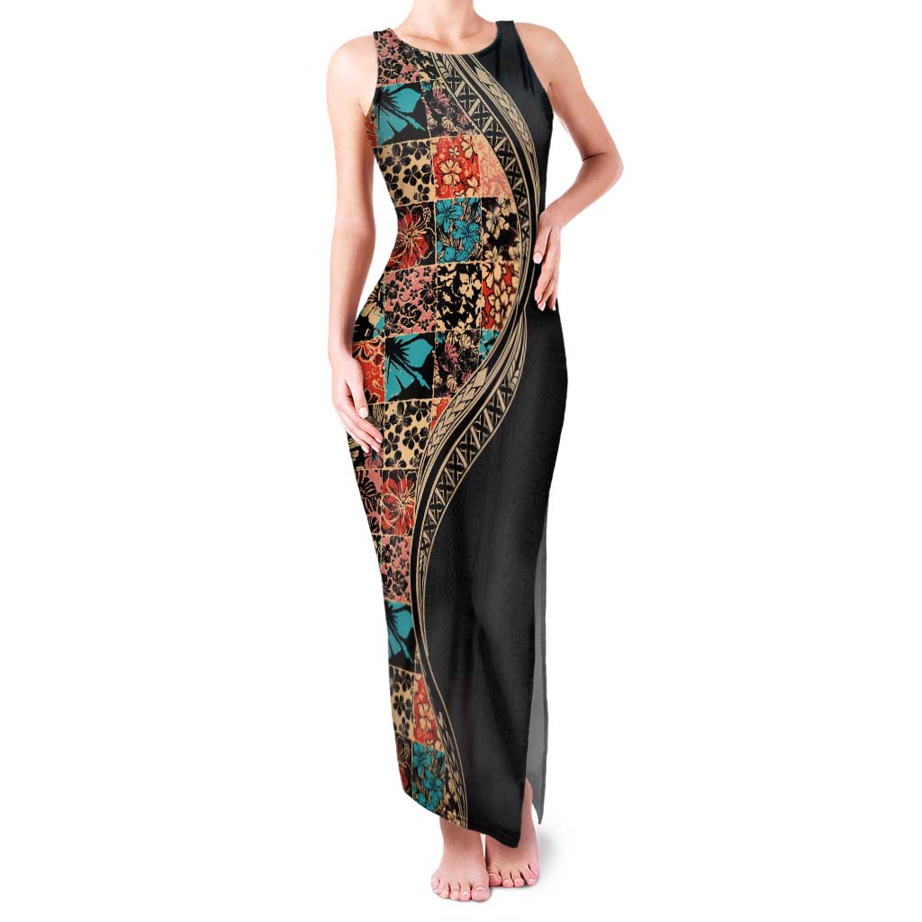 Hawaiian Hibiscus and Tropical Leaves Tank Maxi Dress Patchwork Grunge Abstract and Tapa Tribal Pattern Half Style LT03 Women Black - Polynesian Pride