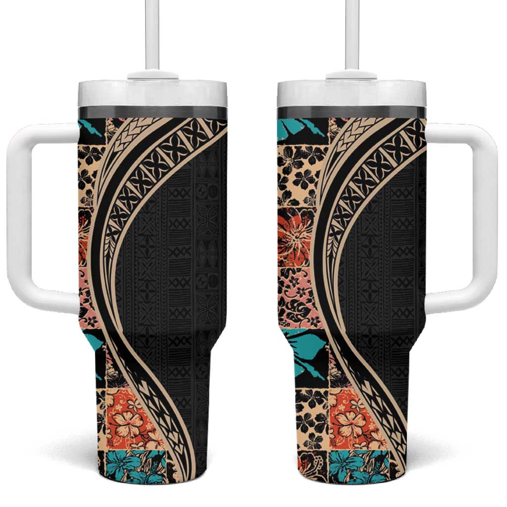 Hawaiian Hibiscus and Tropical Leaves Tumbler With Handle Patchwork Grunge Abstract and Tapa Tribal Pattern Half Style